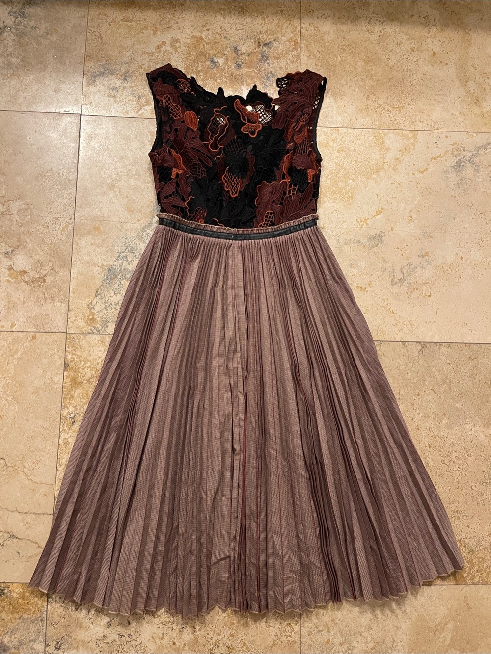 Elegant Black & Brown Lace Bodice Pleated Midi Dress Anthropologie free people 4
